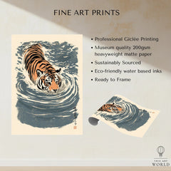 Japanese Tiger Wall Art – Blue Vintage Art Print — fine art print unframed quality details