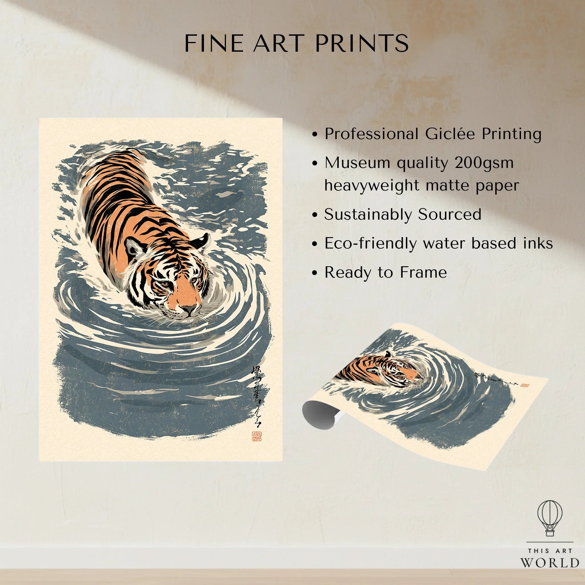 Japanese Tiger Wall Art – Blue Vintage Art Print — fine art print unframed quality details
