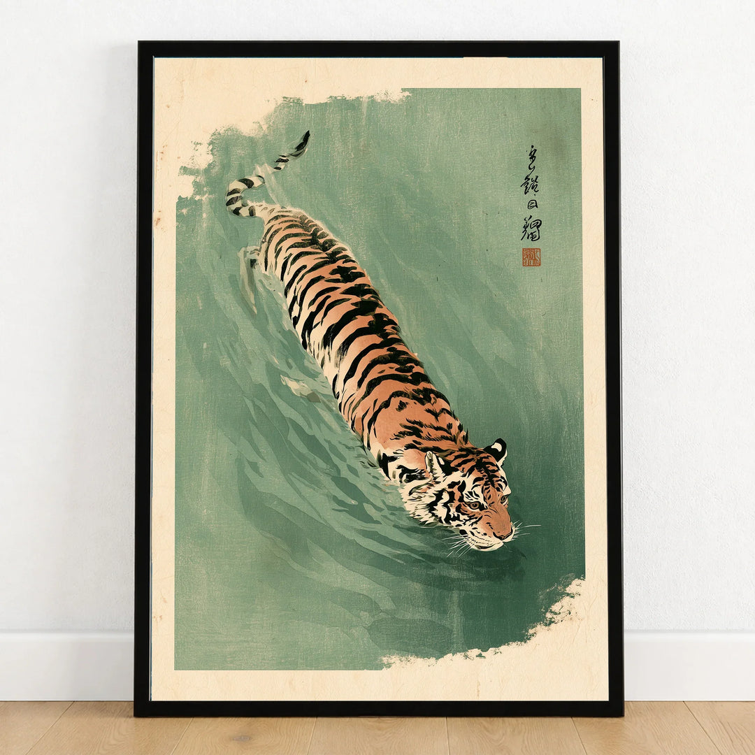 Japanese Tiger Art Print – Green Vintage Water Wall Art — art print in black frame on wooden floor