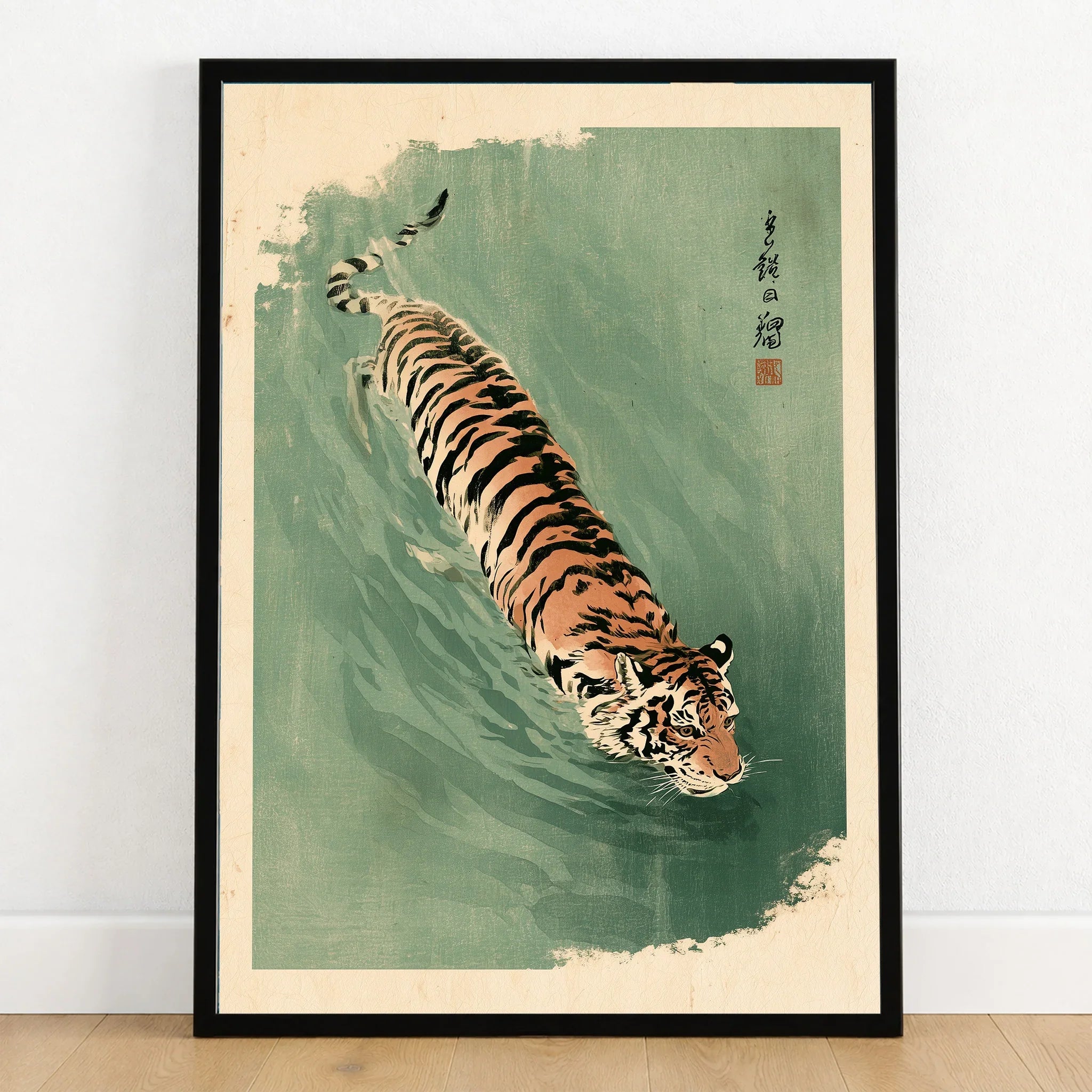 Japanese Tiger Art Print – Green Vintage Water Wall Art — art print in black frame on wooden floor