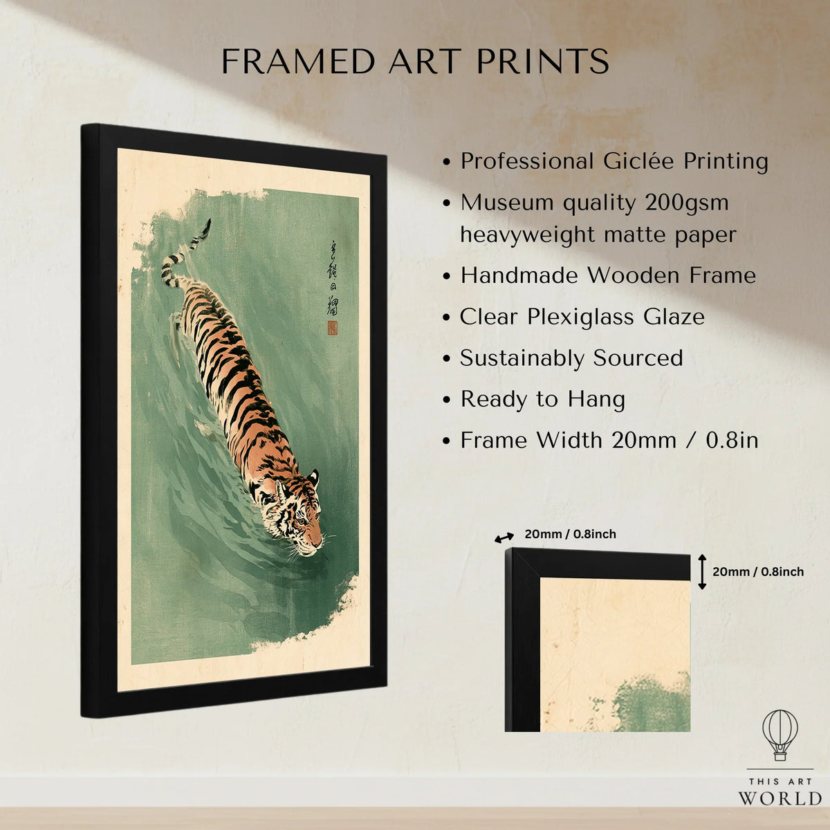 Japanese Tiger Art Print – Green Vintage Water Wall Art — framed print details measurements quality details