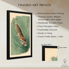 Japanese Tiger Art Print – Green Vintage Water Wall Art — framed print details measurements quality details