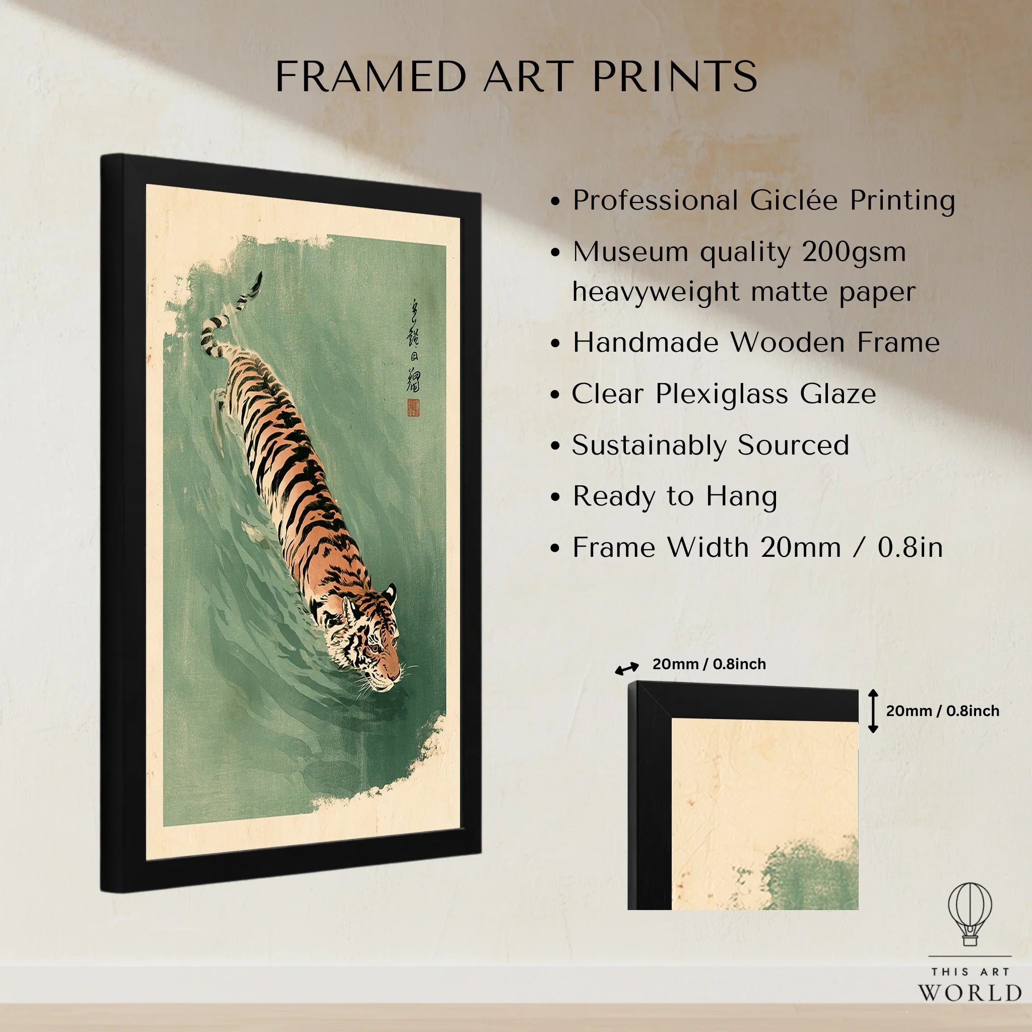 Japanese Tiger Art Print – Green Vintage Water Wall Art — framed print details measurements quality details
