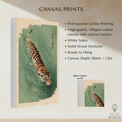 Japanese Tiger Art Print – Green Vintage Water Wall Art — canvas print stretched cotton canvas details