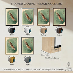 Japanese Tiger Art Print – Green Vintage Water Wall Art — framed canvas float frame colour options