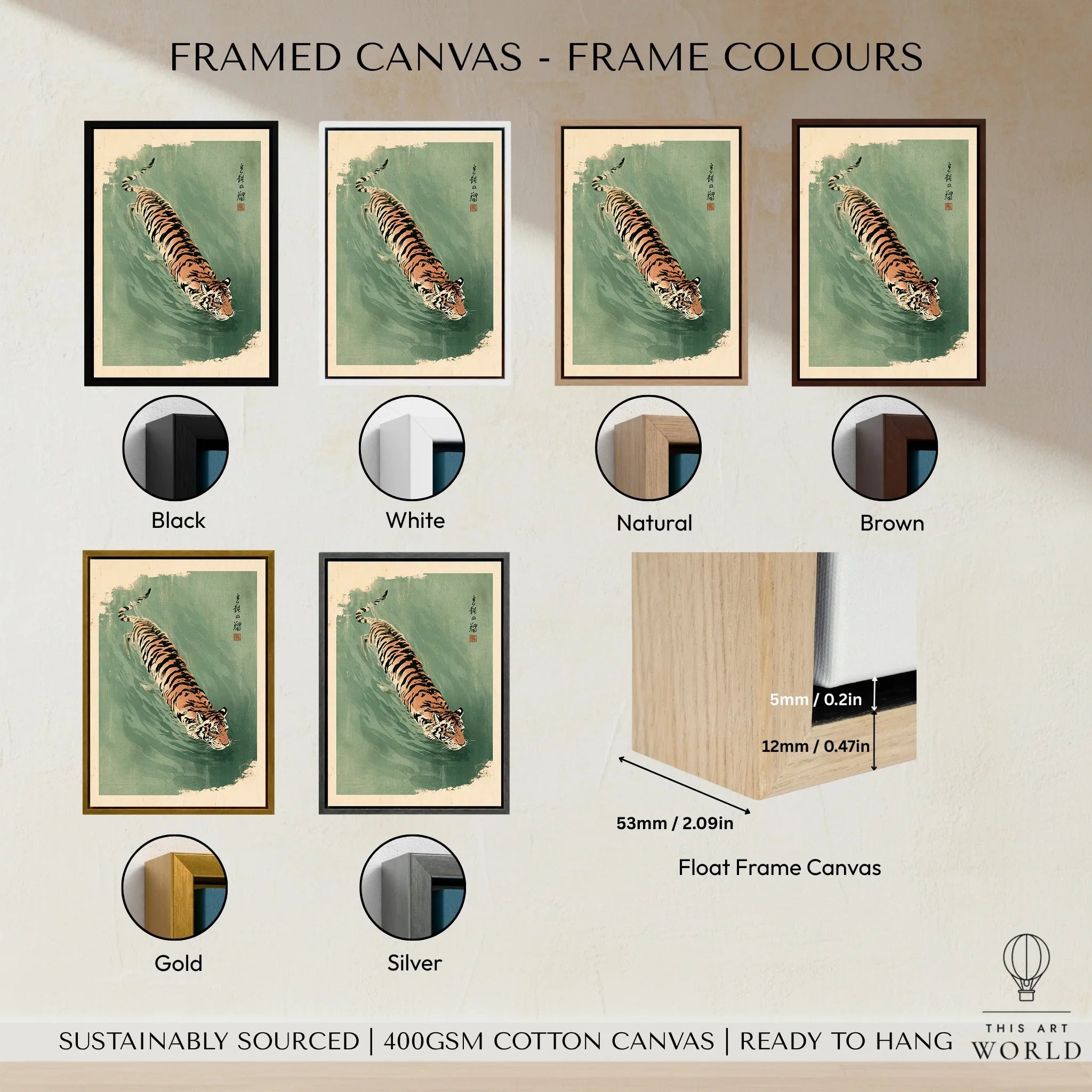 Japanese Tiger Art Print – Green Vintage Water Wall Art — framed canvas float frame colour options