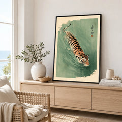 Japanese Tiger Art Print – Green Vintage Water Wall Art — framed artwork living room lifestyle setting