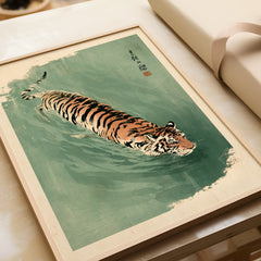 Japanese Tiger Art Print – Green Vintage Water Wall Art — framed art print closeup gift unwrapped natural frame