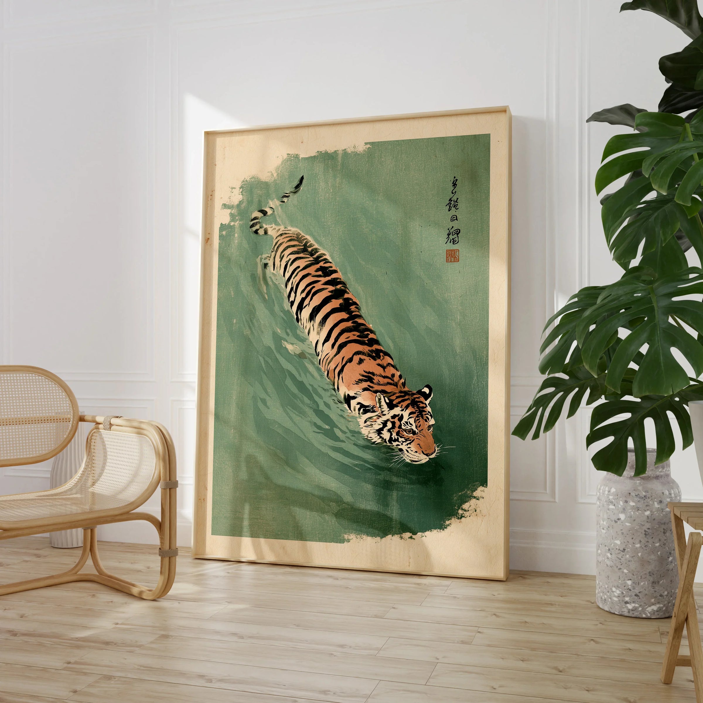 Japanese Tiger Art Print – Green Vintage Water Wall Art — large framed print room setting chair plant