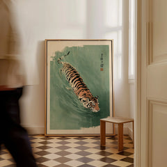 Japanese Tiger Art Print – Green Vintage Water Wall Art — framed canvas on floor man walking past