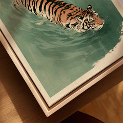 Japanese Tiger Art Print – Green Vintage Water Wall Art — closeup framed canvas natural wood floating frame