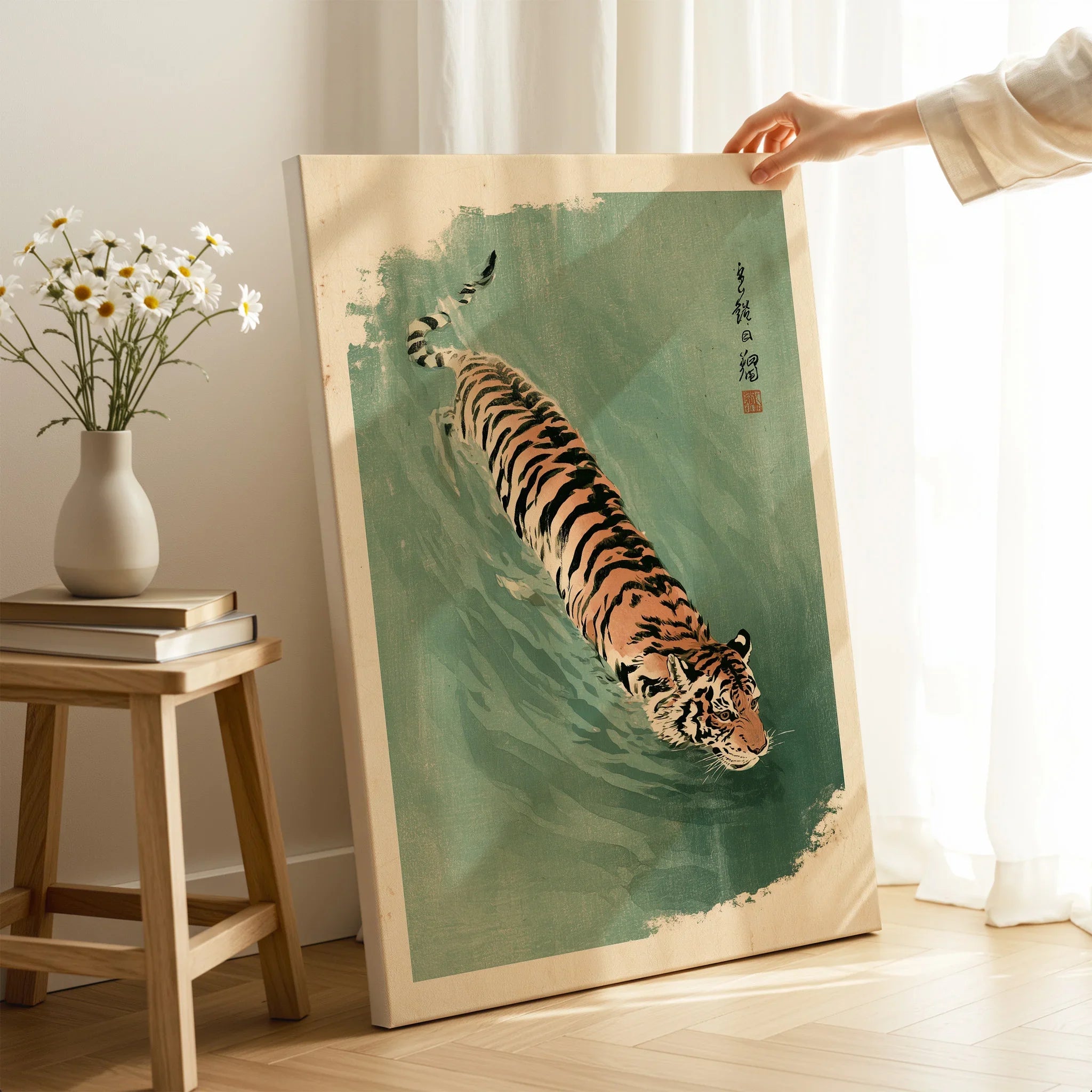 Japanese Tiger Art Print – Green Vintage Water Wall Art — canvas print mirror edge hand holding room setting