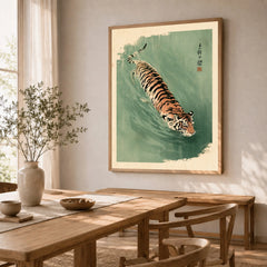 Japanese Tiger Art Print – Green Vintage Water Wall Art — dining room framed print natural wood frame