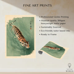 Japanese Tiger Art Print – Green Vintage Water Wall Art — fine art print unframed quality details