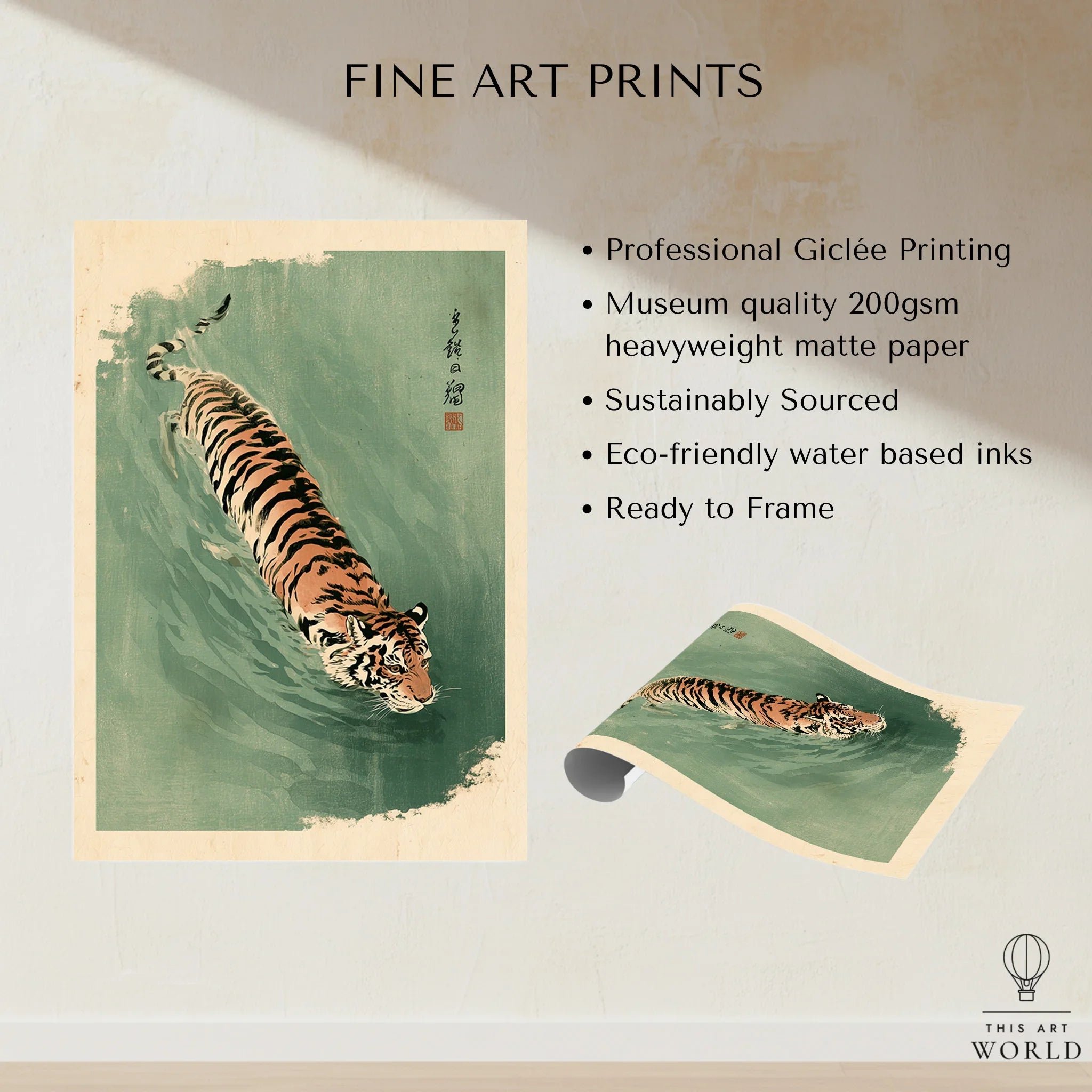 Japanese Tiger Art Print – Green Vintage Water Wall Art — fine art print unframed quality details