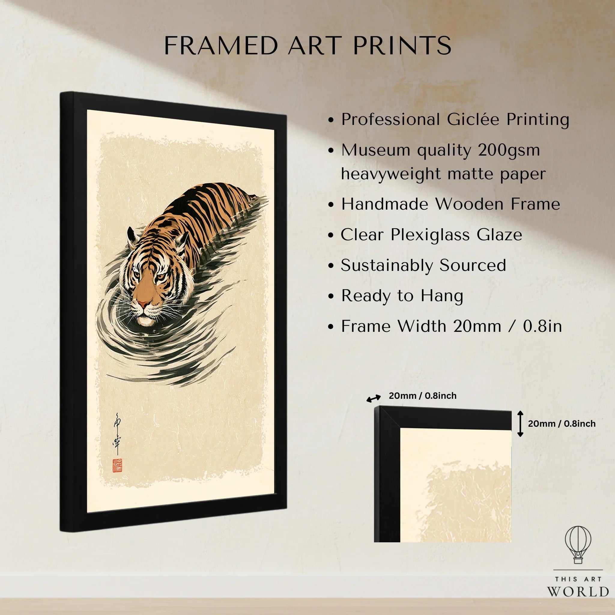 Japanese Tiger Wall Art – Minimal Vintage Water Print — framed print details measurements quality details