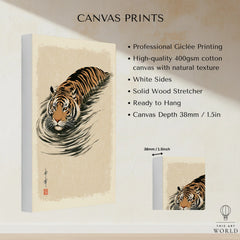 Japanese Tiger Wall Art – Minimal Vintage Water Print — canvas print stretched cotton canvas details