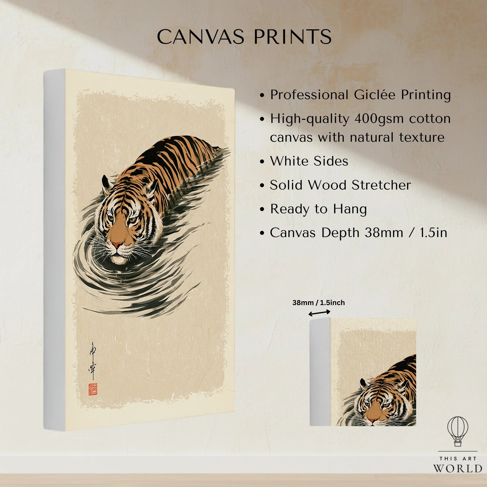 Japanese Tiger Wall Art – Minimal Vintage Water Print — canvas print stretched cotton canvas details