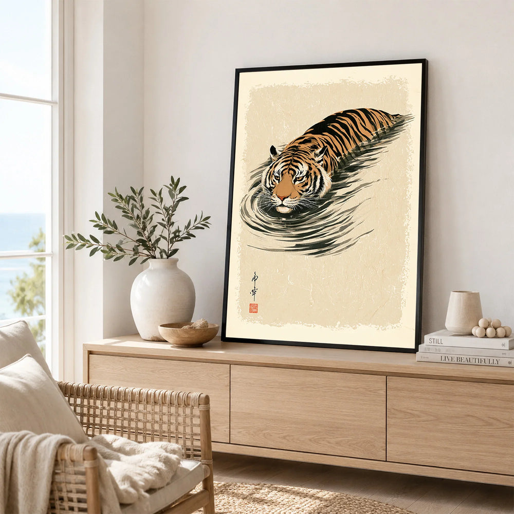 Japanese Tiger Wall Art – Minimal Vintage Water Print — framed artwork living room lifestyle setting