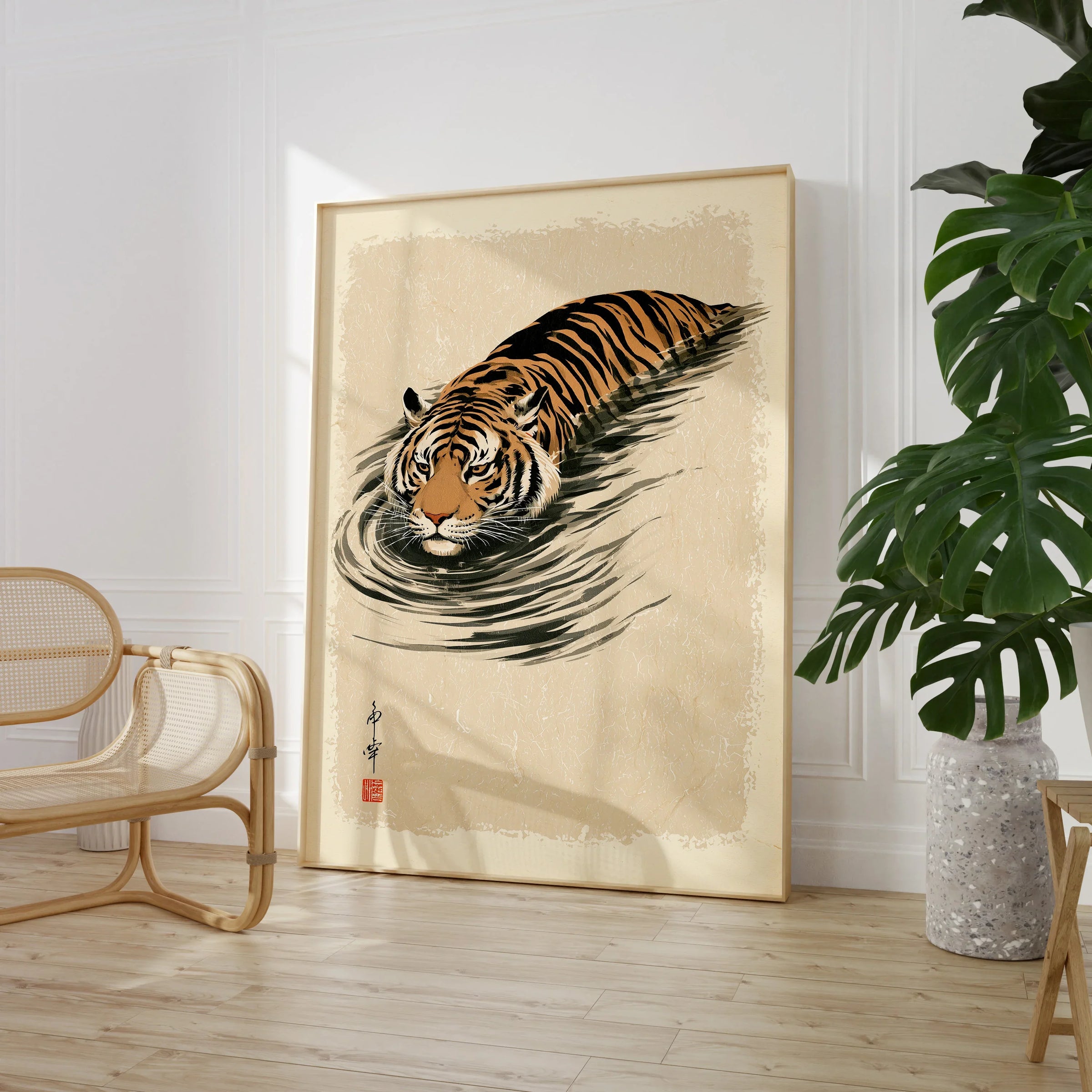 Japanese Tiger Wall Art – Minimal Vintage Water Print — large framed print room setting chair plant
