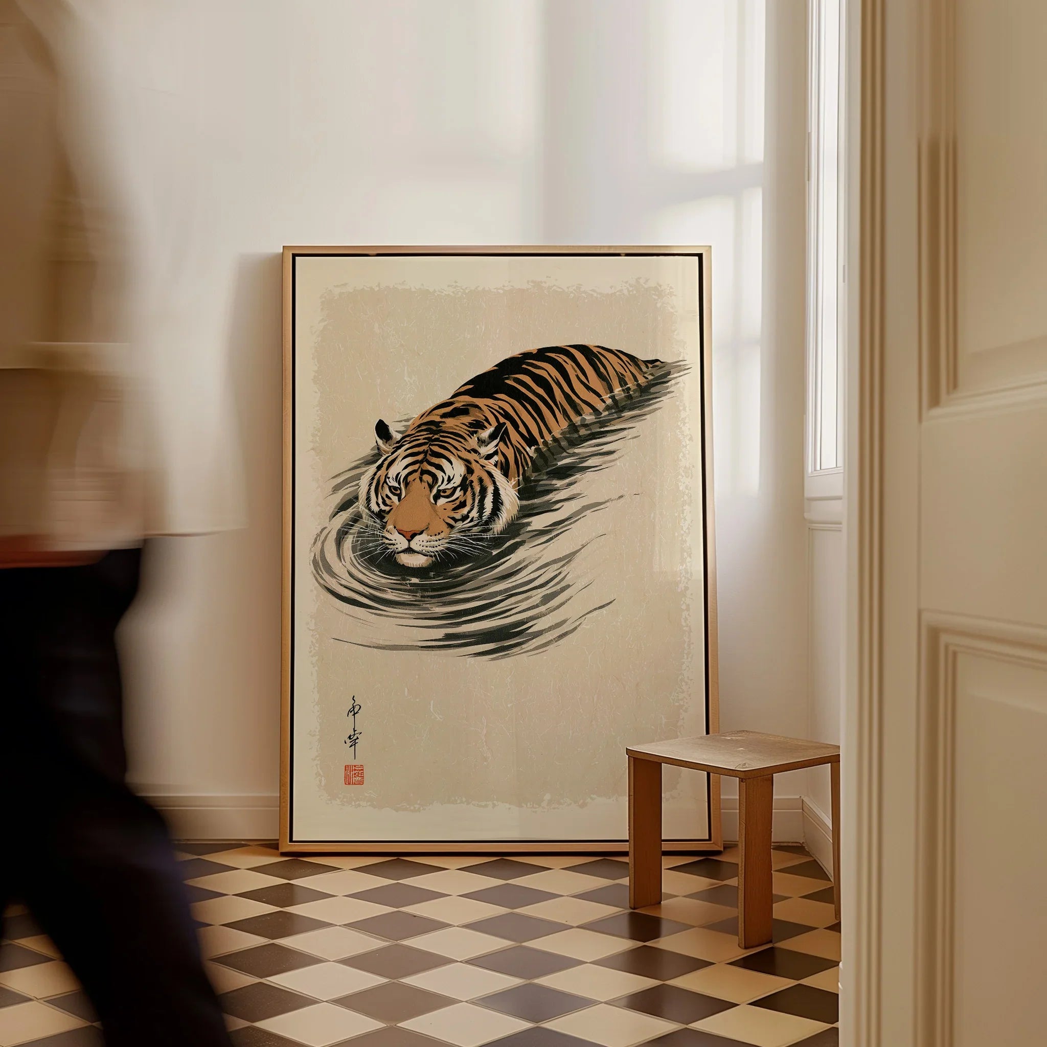 Japanese Tiger Wall Art – Minimal Vintage Water Print — framed canvas on floor man walking past