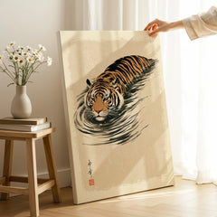 Japanese Tiger Wall Art – Minimal Vintage Water Print — canvas print mirror edge hand holding room setting