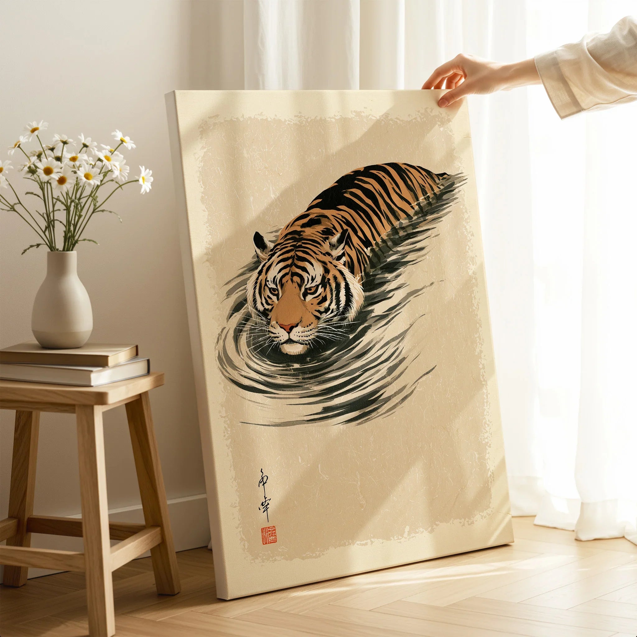 Japanese Tiger Wall Art – Minimal Vintage Water Print — canvas print mirror edge hand holding room setting