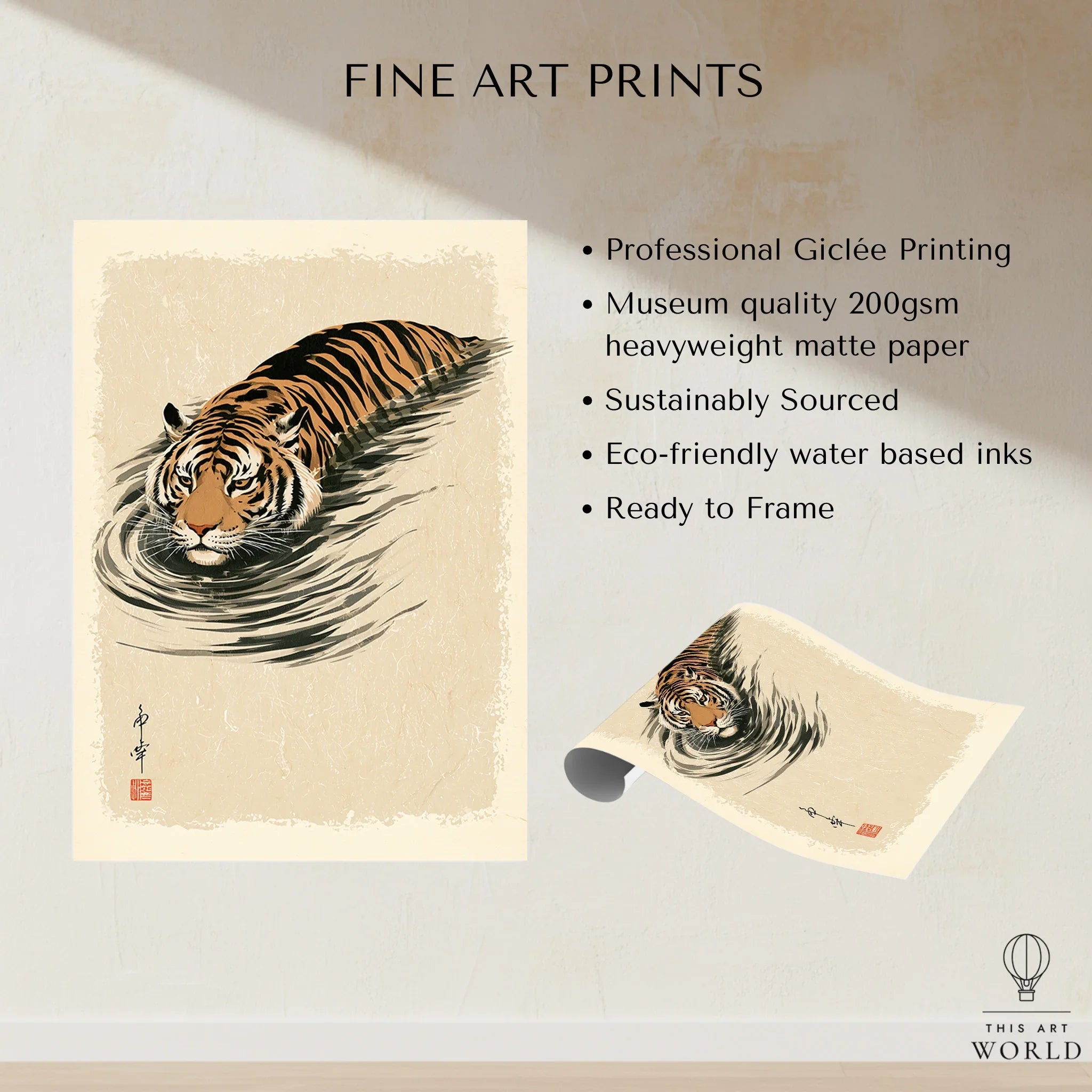 Japanese Tiger Wall Art – Minimal Vintage Water Print — fine art print unframed quality details