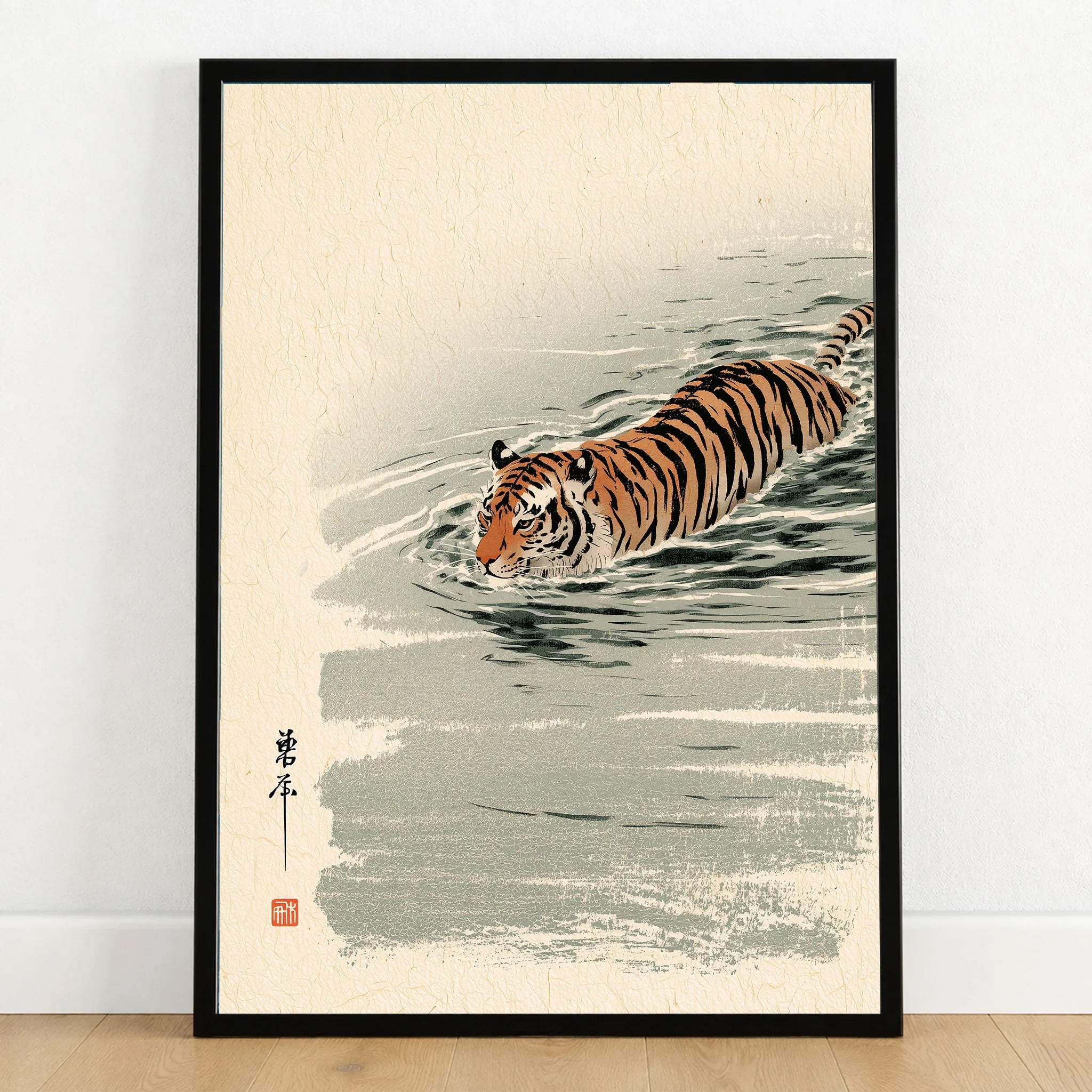 Japanese Tiger Art Print – Vintage Swimming Tiger Wall Art — art print in black frame on wooden floor