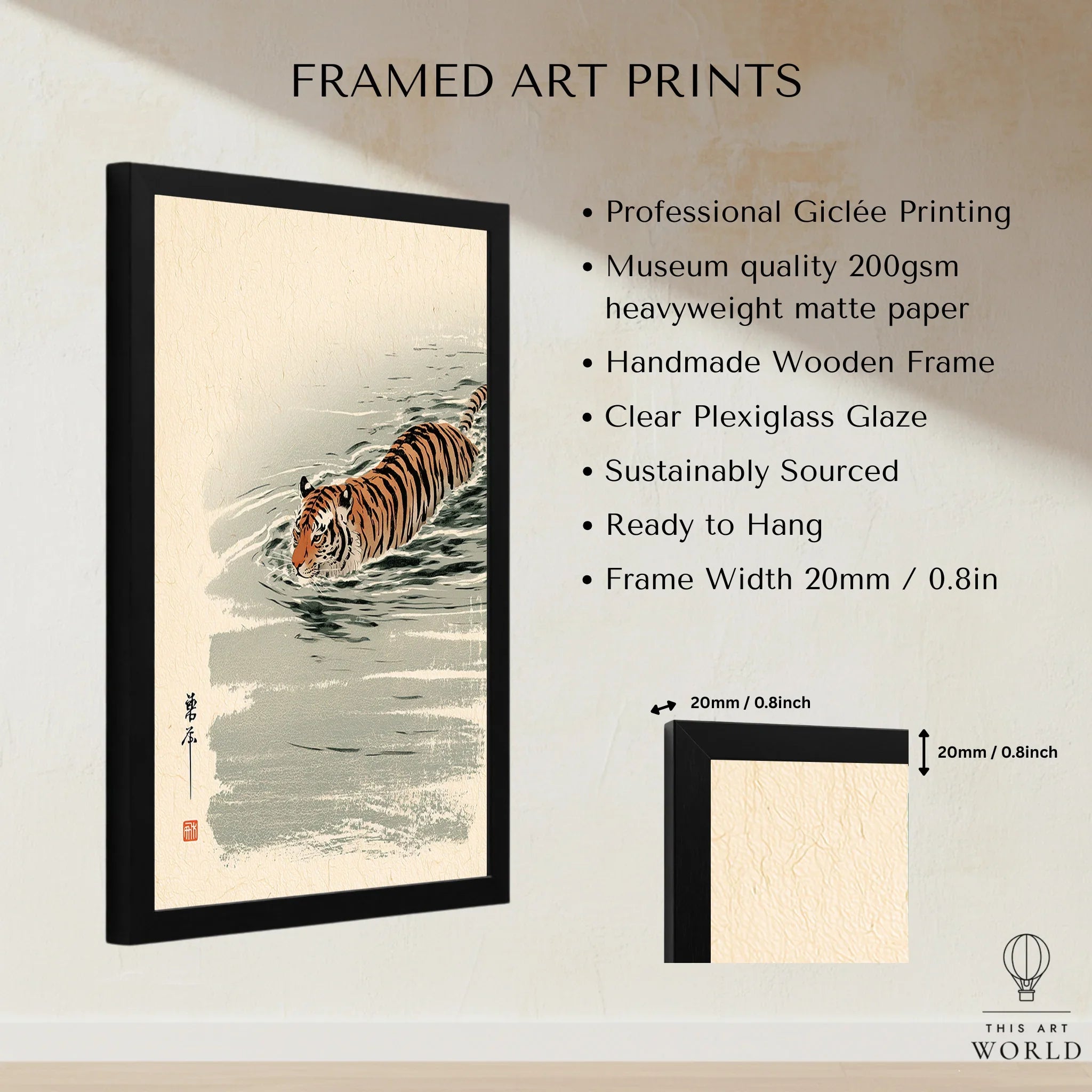 Japanese Tiger Art Print – Vintage Swimming Tiger Wall Art — framed print details measurements quality details