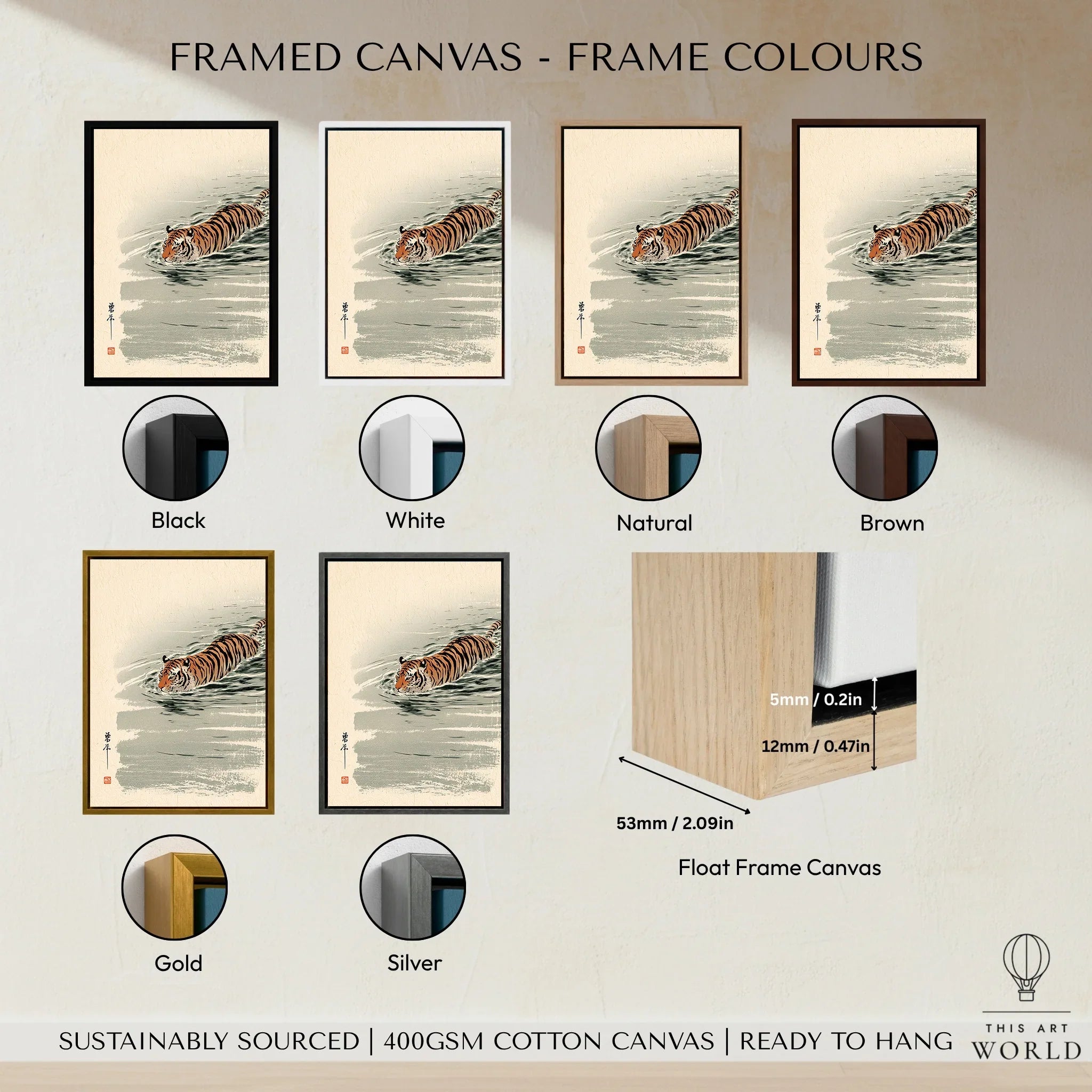 Japanese Tiger Art Print – Vintage Swimming Tiger Wall Art — framed canvas float frame colour options