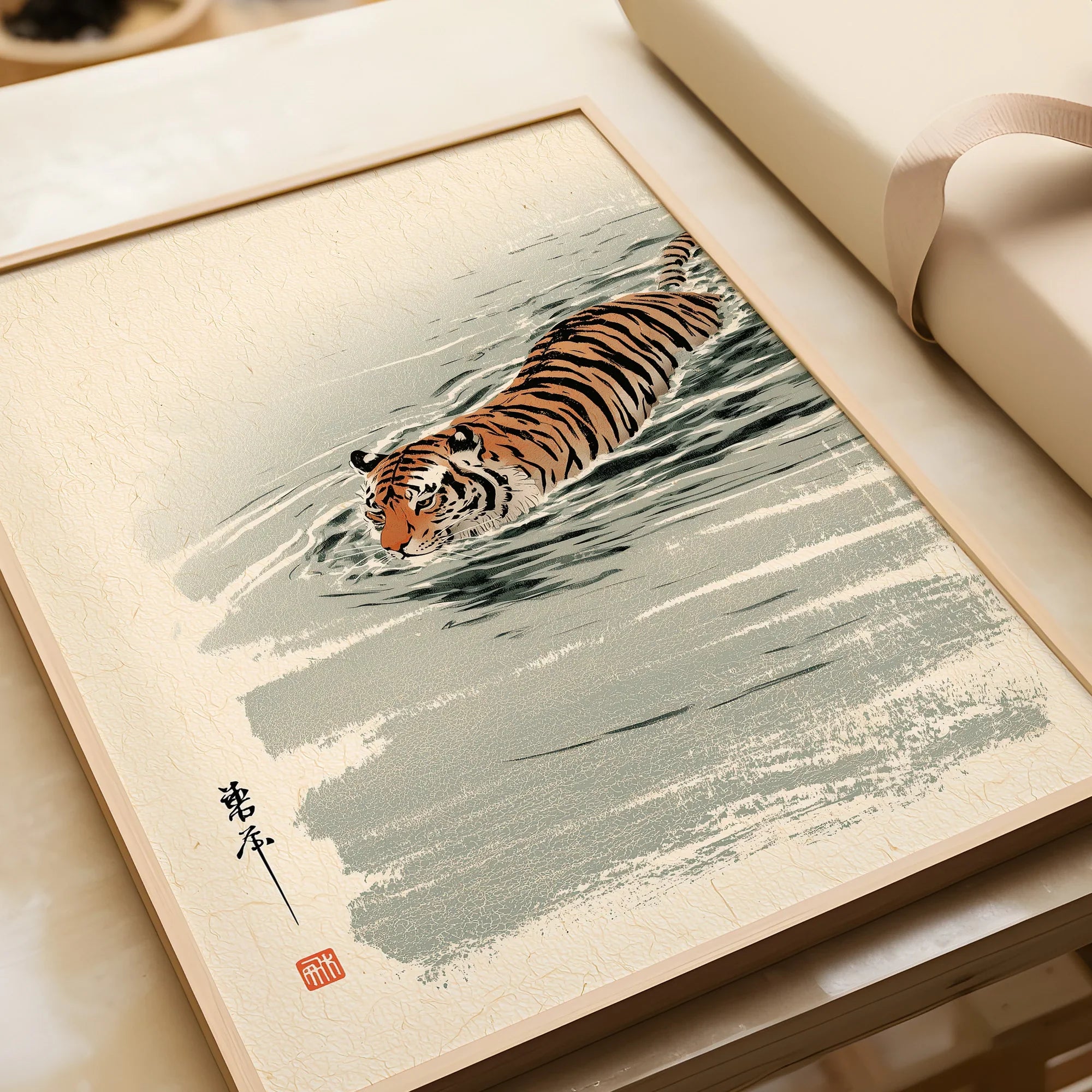Japanese Tiger Art Print – Vintage Swimming Tiger Wall Art — framed art print closeup gift unwrapped natural frame