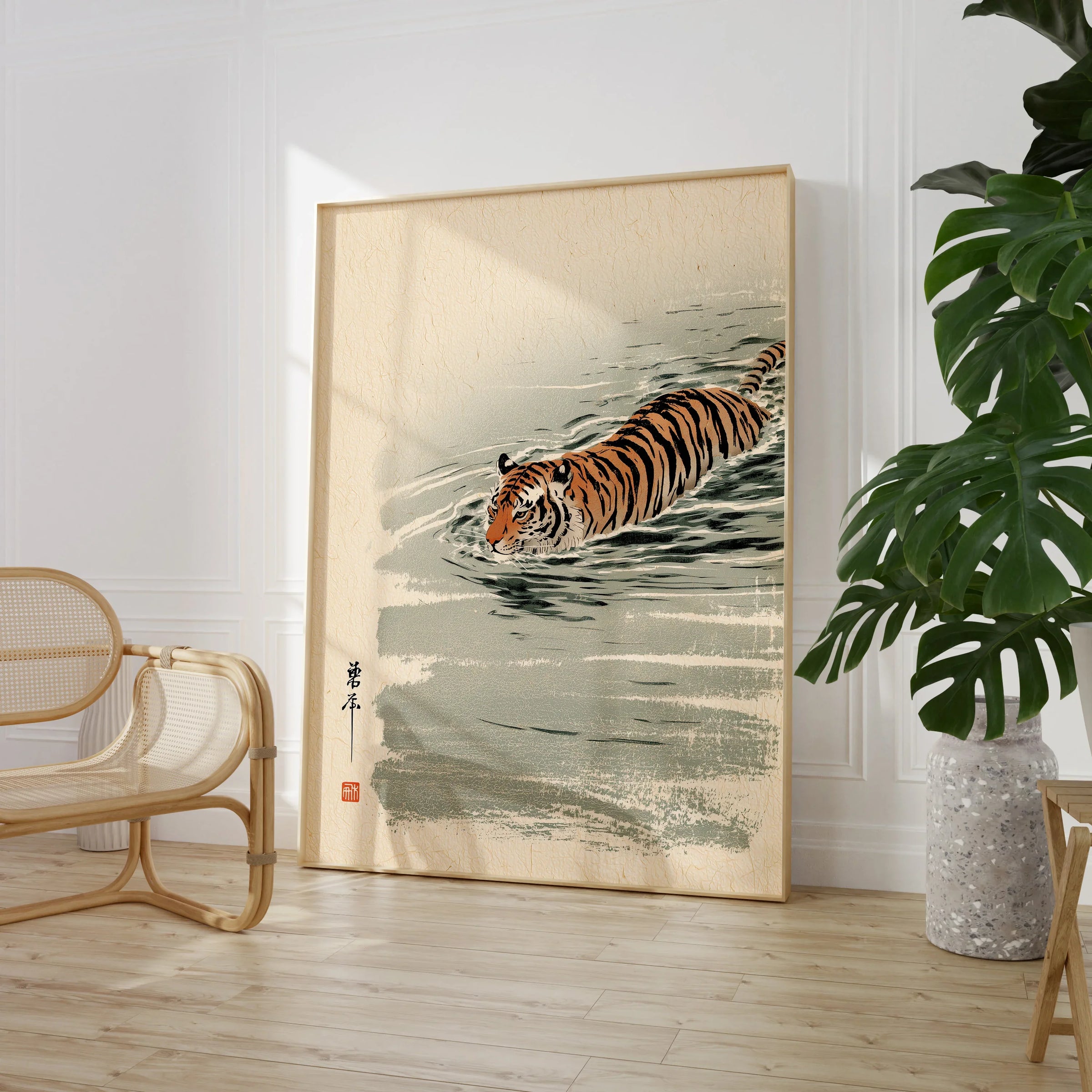 Japanese Tiger Art Print – Vintage Swimming Tiger Wall Art — large framed print room setting chair plant
