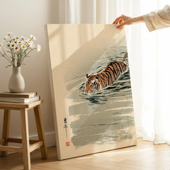 Japanese Tiger Art Print – Vintage Swimming Tiger Wall Art — canvas print mirror edge hand holding room setting