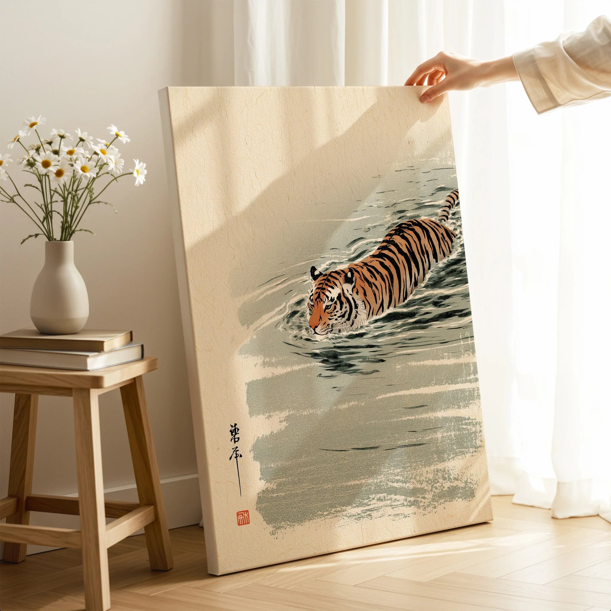 Japanese Tiger Art Print – Vintage Swimming Tiger Wall Art — canvas print mirror edge hand holding room setting