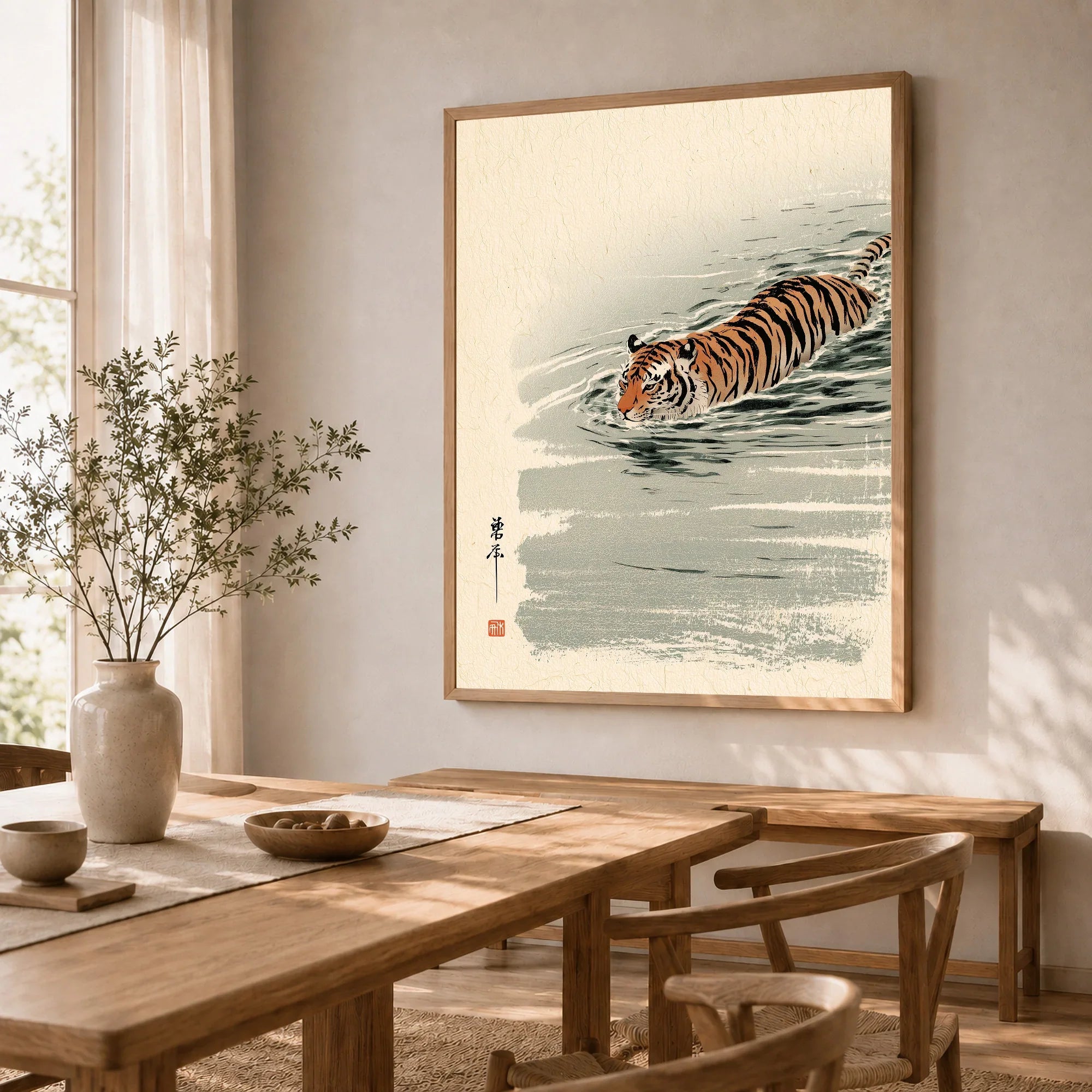 Japanese Tiger Art Print – Vintage Swimming Tiger Wall Art — dining room framed print natural wood frame