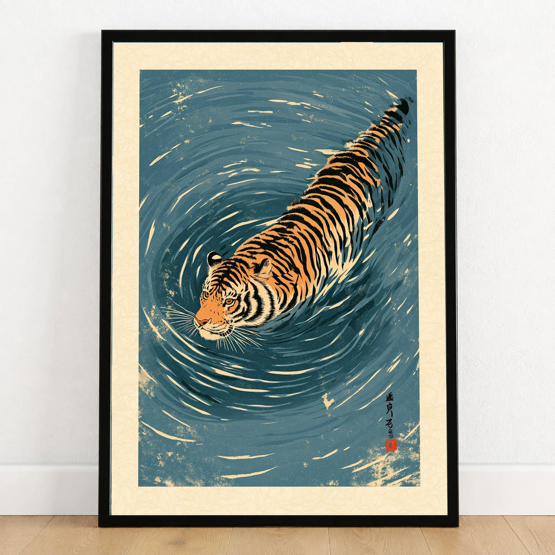 Japanese Tiger Wall Art – Blue Water Vintage Art Print — art print in black frame on wooden floor