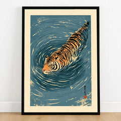 Japanese Tiger Wall Art – Blue Water Vintage Art Print — art print in black frame on wooden floor