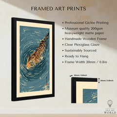 Japanese Tiger Wall Art – Blue Water Vintage Art Print — framed print details measurements quality details