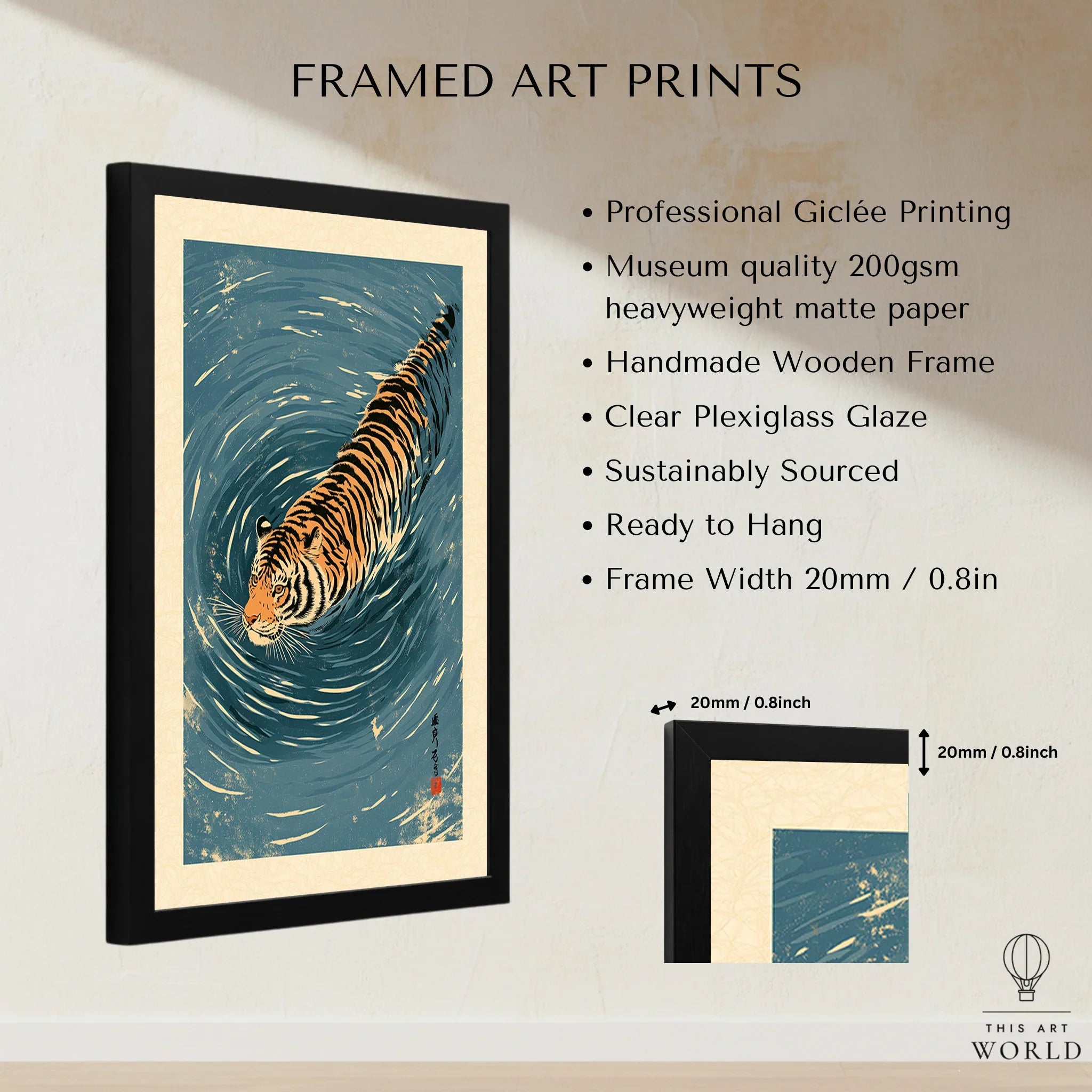 Japanese Tiger Wall Art – Blue Water Vintage Art Print — framed print details measurements quality details