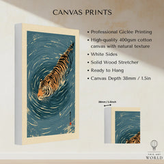 Japanese Tiger Wall Art – Blue Water Vintage Art Print — canvas print stretched cotton canvas details