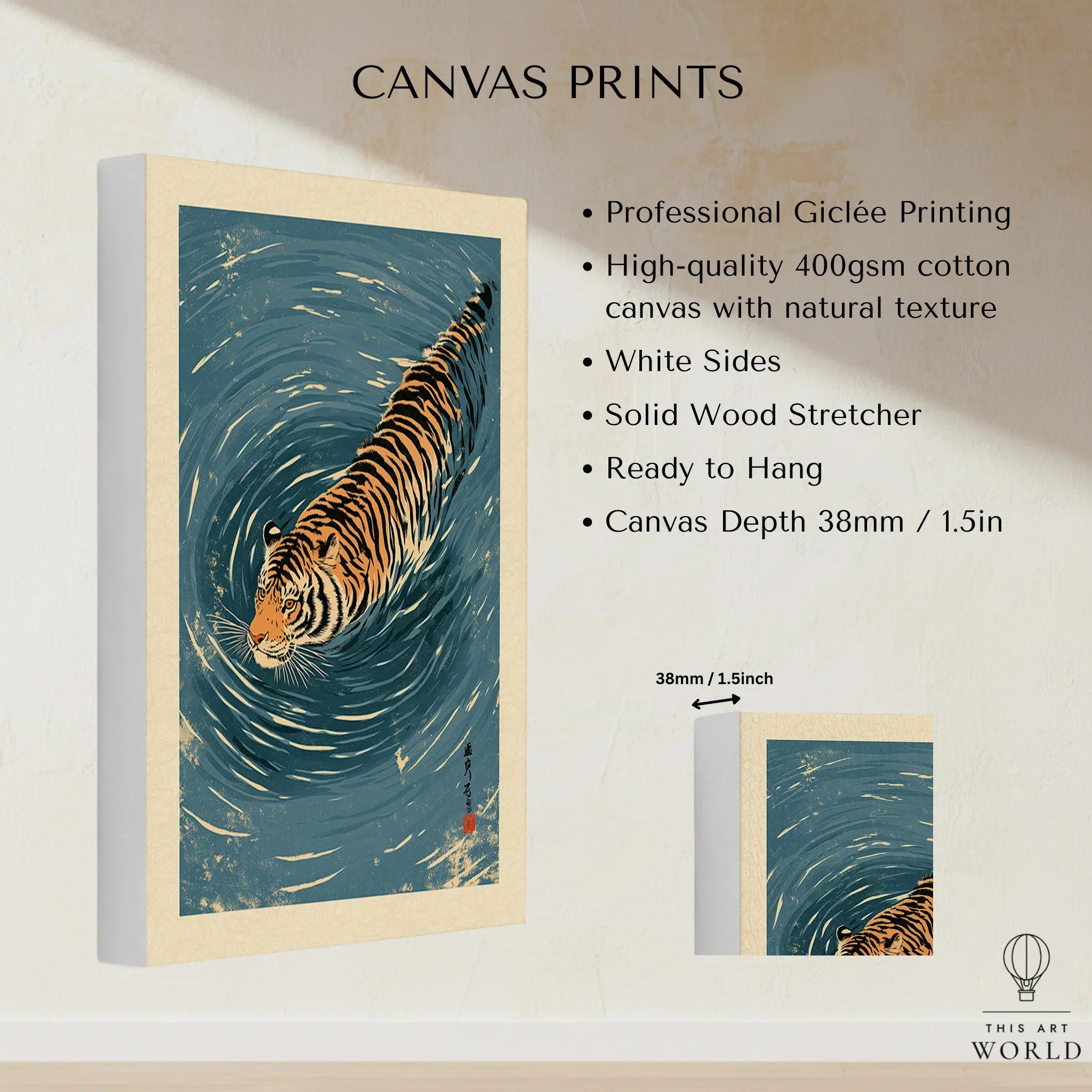 Japanese Tiger Wall Art – Blue Water Vintage Art Print — canvas print stretched cotton canvas details