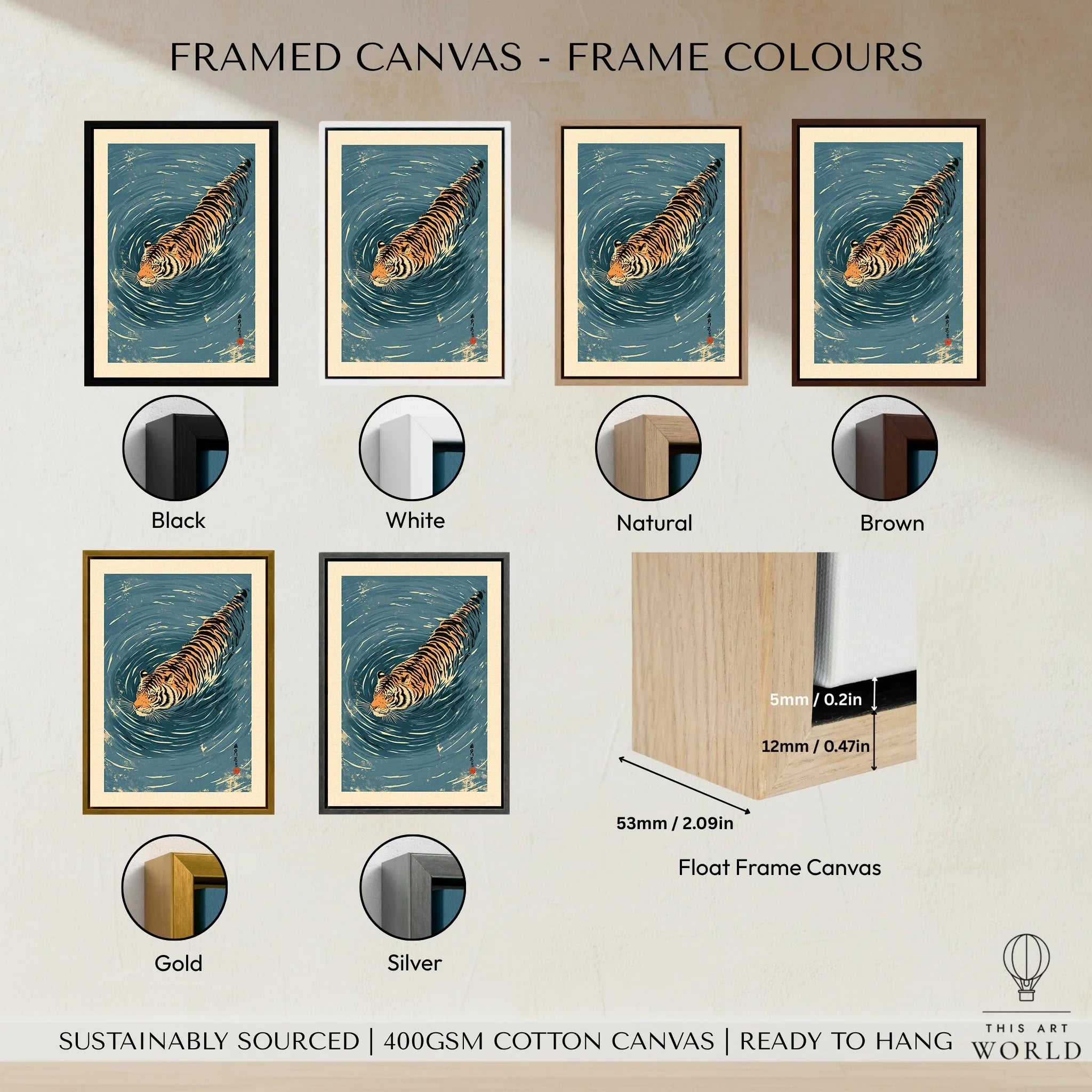 Japanese Tiger Wall Art – Blue Water Vintage Art Print — framed canvas float frame colour options