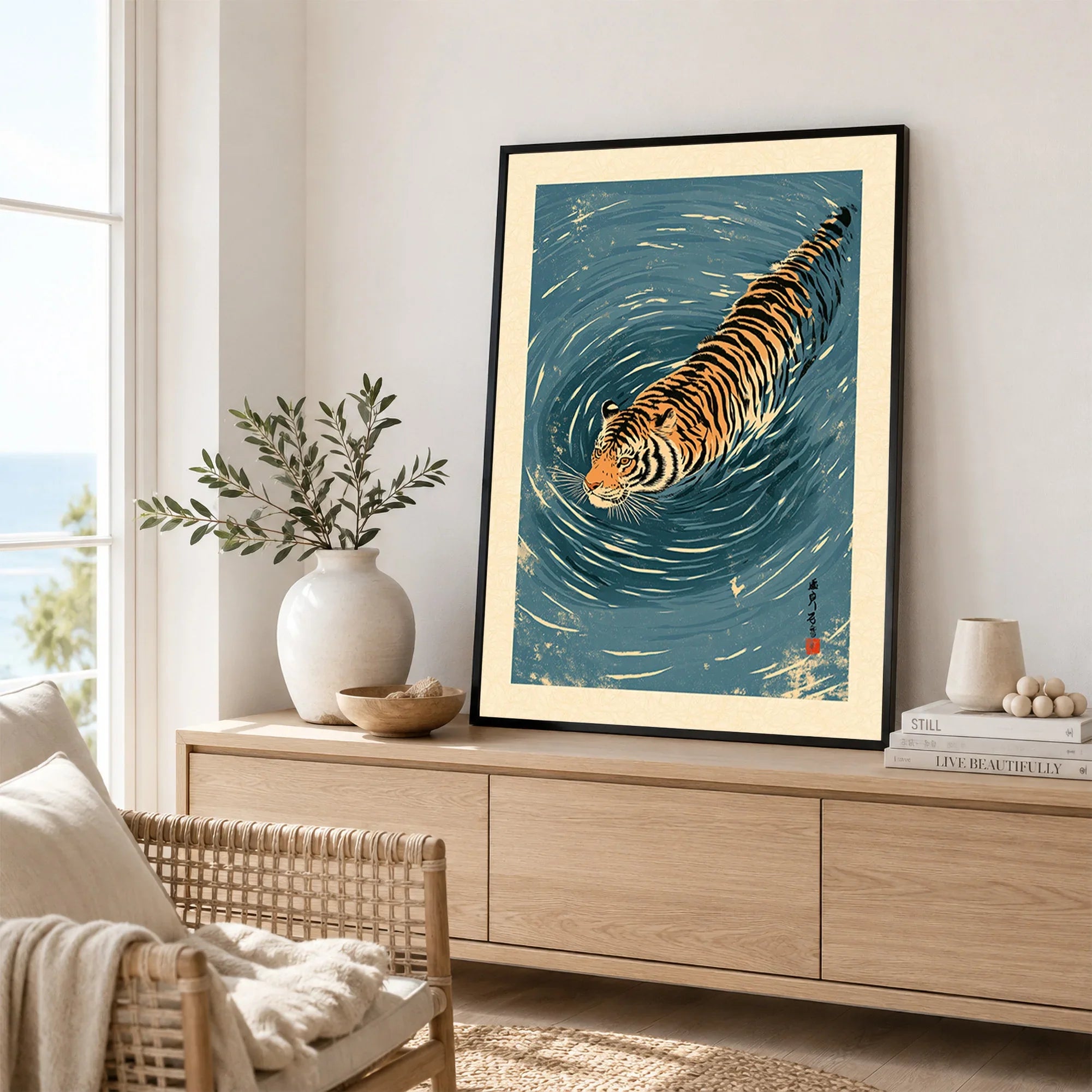Japanese Tiger Wall Art – Blue Water Vintage Art Print — framed artwork living room lifestyle setting