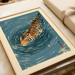 Japanese Tiger Wall Art – Blue Water Vintage Art Print — framed art print closeup gift unwrapped natural frame
