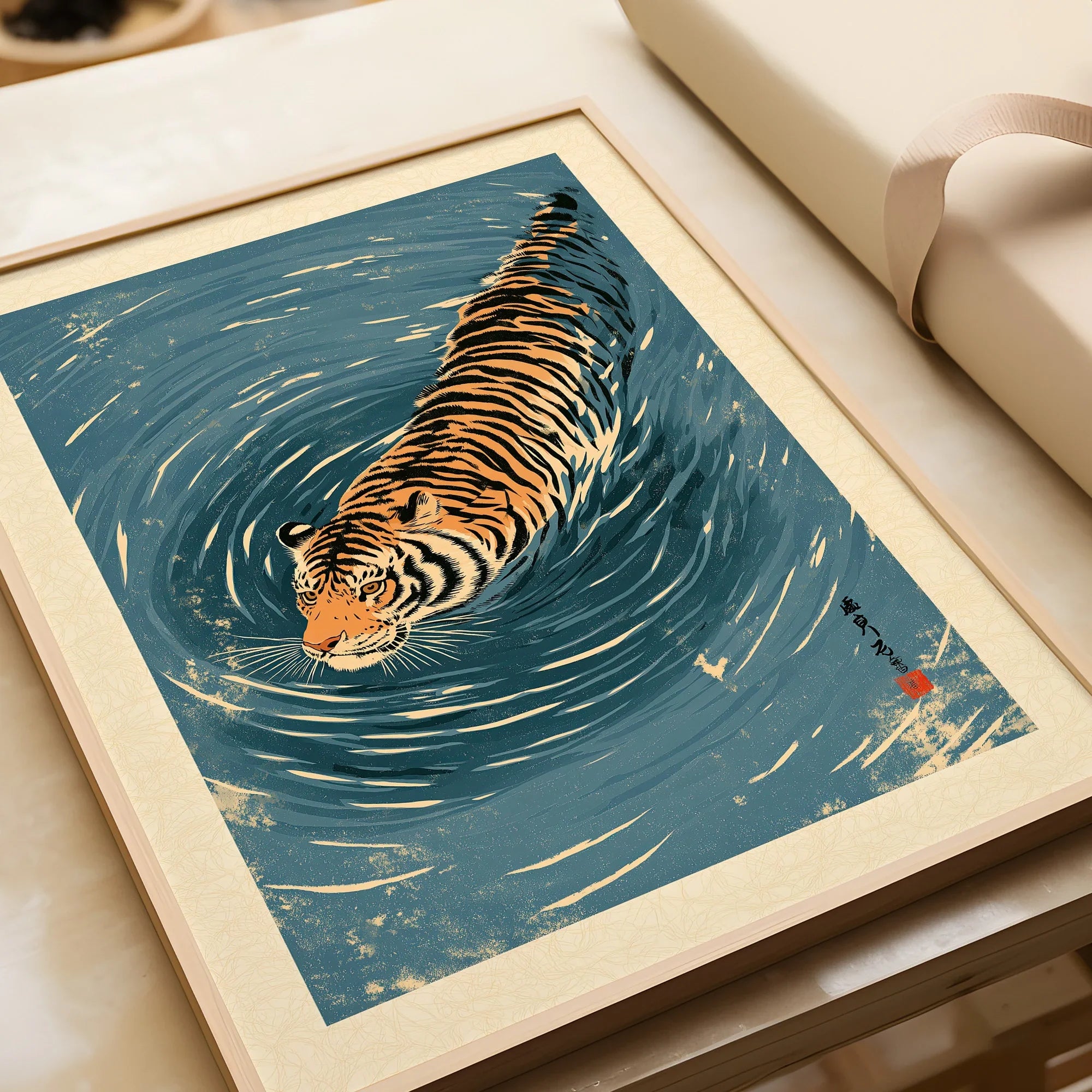 Japanese Tiger Wall Art – Blue Water Vintage Art Print — framed art print closeup gift unwrapped natural frame