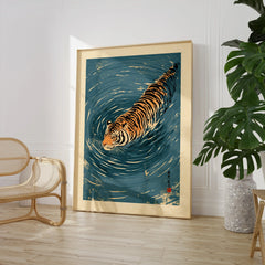 Japanese Tiger Wall Art – Blue Water Vintage Art Print — large framed print room setting chair plant