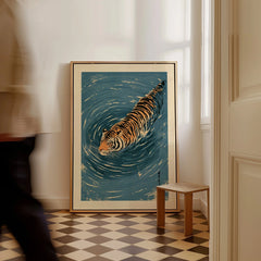 Japanese Tiger Wall Art – Blue Water Vintage Art Print — framed canvas on floor man walking past
