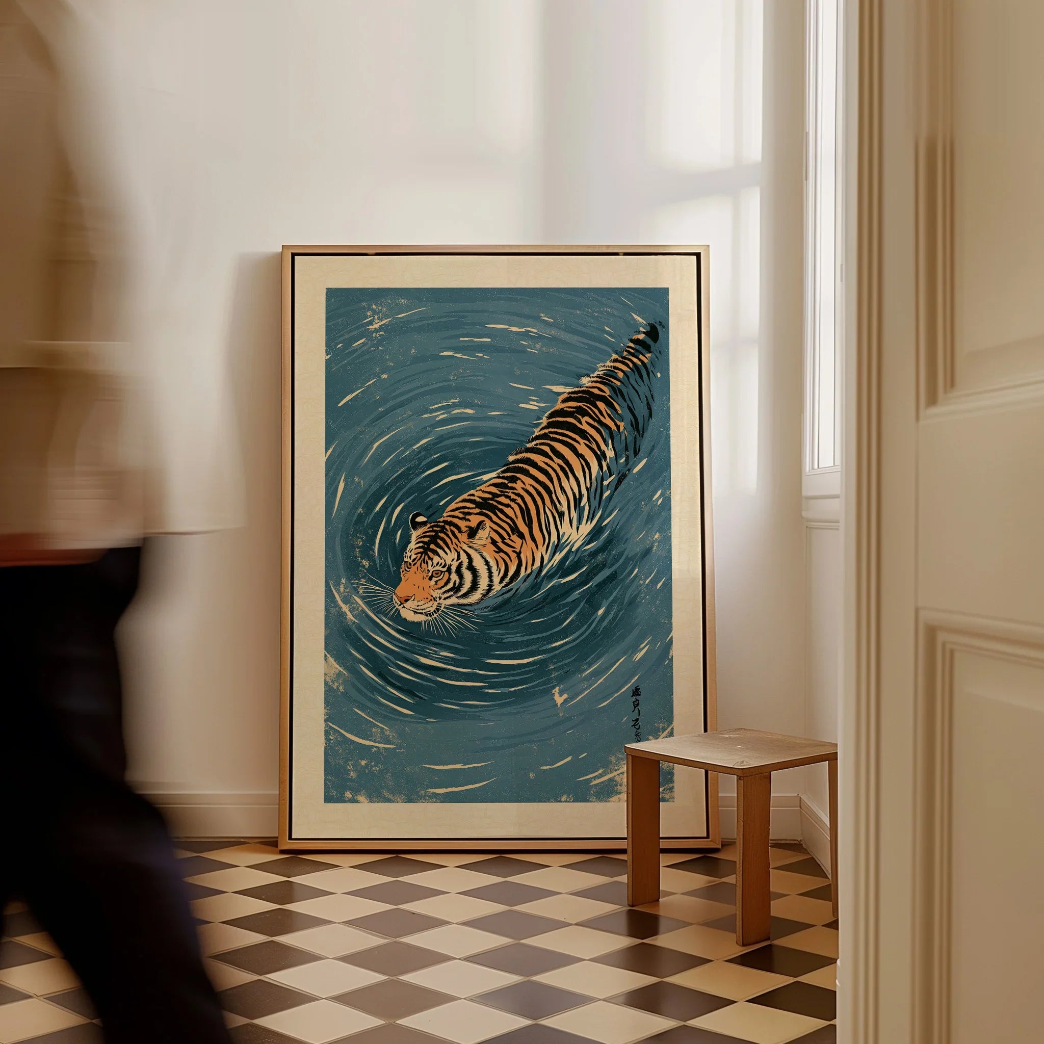 Japanese Tiger Wall Art – Blue Water Vintage Art Print — framed canvas on floor man walking past