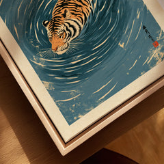 Japanese Tiger Wall Art – Blue Water Vintage Art Print — closeup framed canvas natural wood floating frame